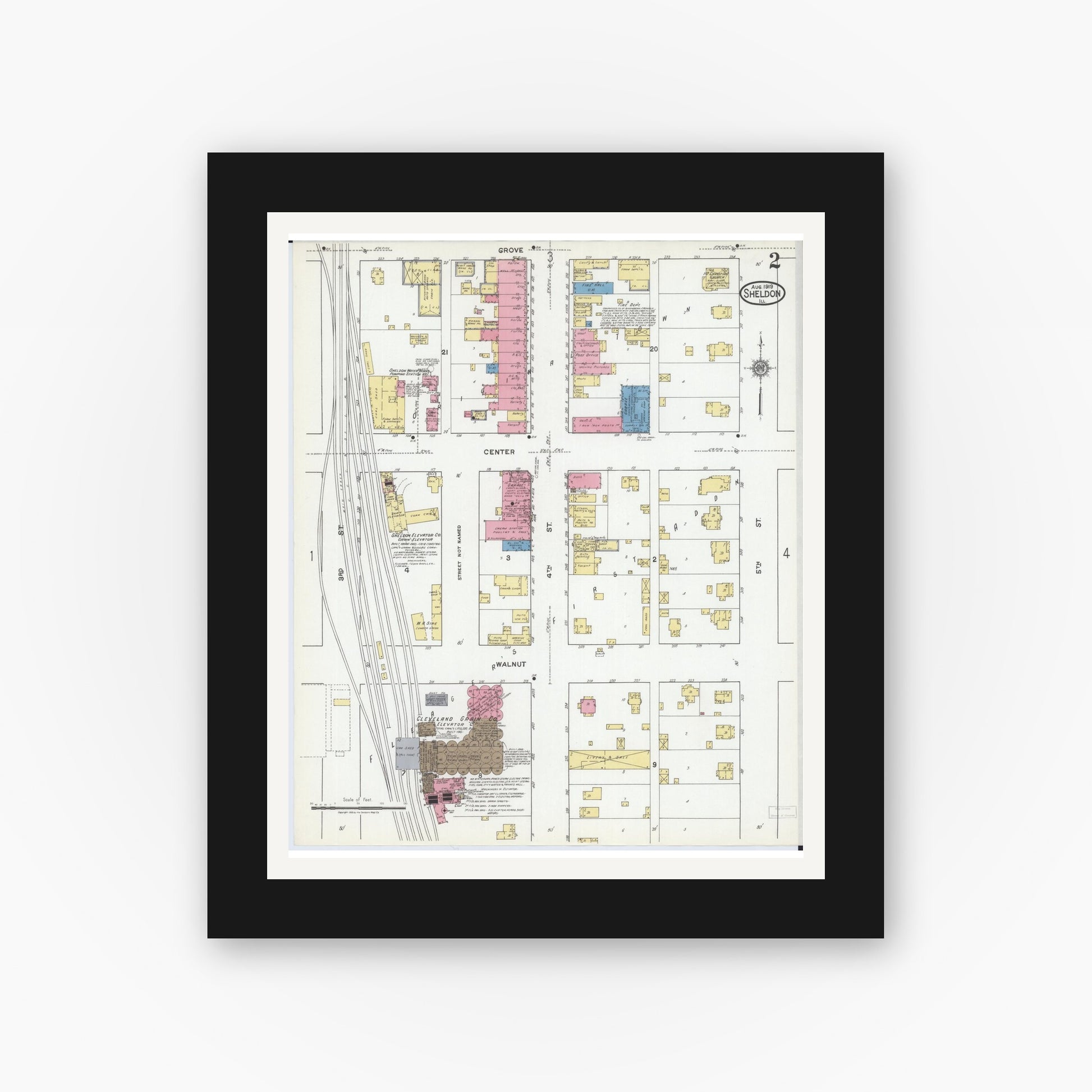 Old map wall art mockup — black gallery frame with white mat — Sanborn Fire Insurance Map from Sheldon, Iroquois County, Illinois (1919), Sheet #0002