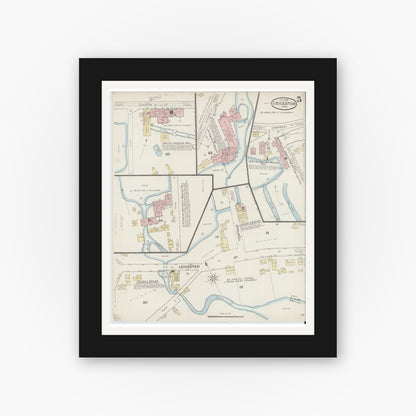 Old map wall art mockup — black gallery frame with white mat — Sanborn Fire Insurance Map from Leicester, Worcester County, Massachusetts (1888), Sheet #0005