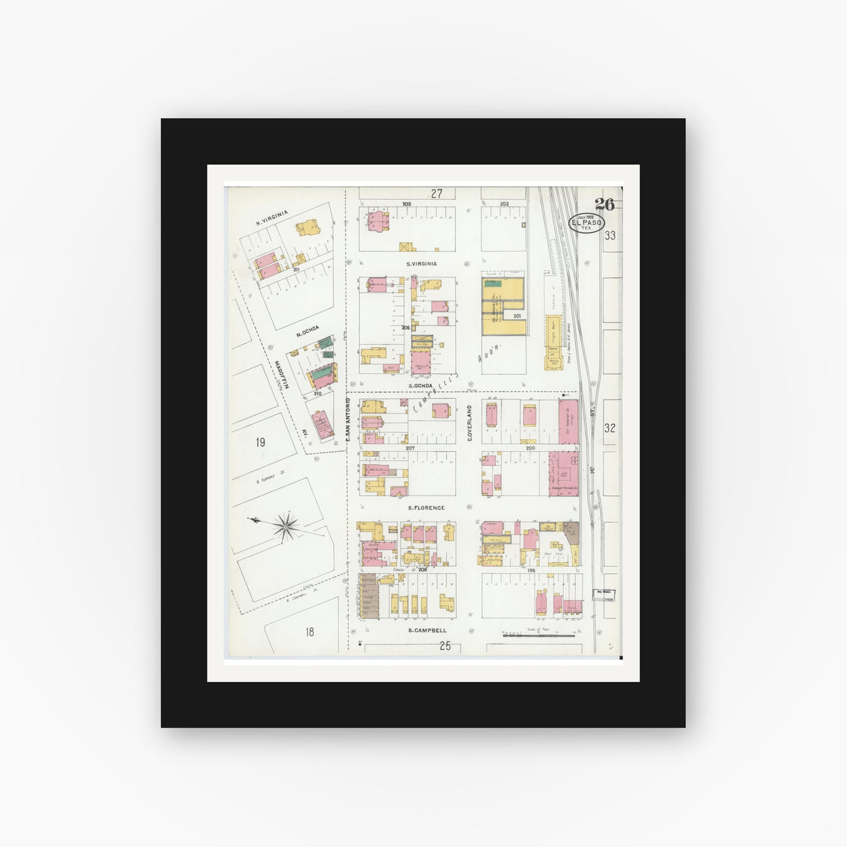 Old map wall art mockup — black gallery frame with white mat — Sanborn Fire Insurance Map from El Paso, El Paso County, Texas (1905), Sheet #0026