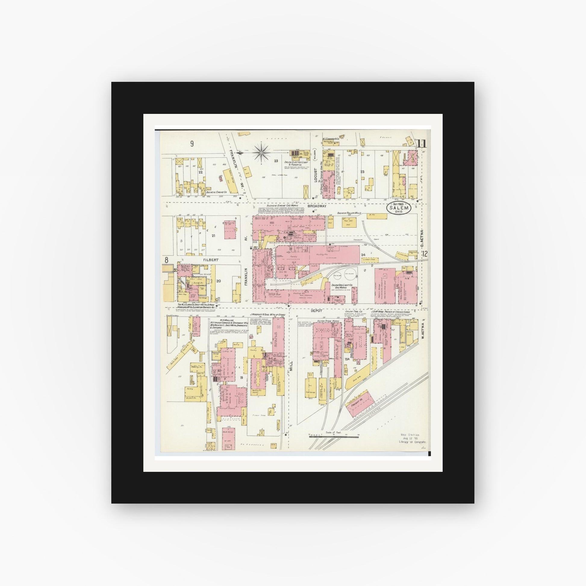 Old map wall art mockup — black gallery frame with white mat — Sanborn Fire Insurance Map from Salem, Columbiana County, Ohio (1903), Sheet #0011