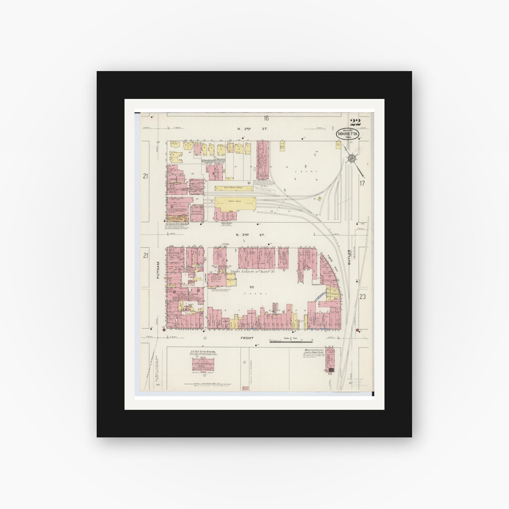Old map wall art mockup — black gallery frame with white mat — Sanborn Fire Insurance Map from Marietta, Washington County, Ohio (1915), Sheet #0022