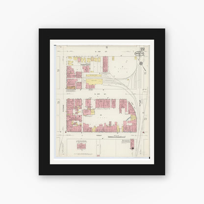 Old map wall art mockup — black gallery frame with white mat — Sanborn Fire Insurance Map from Marietta, Washington County, Ohio (1915), Sheet #0022