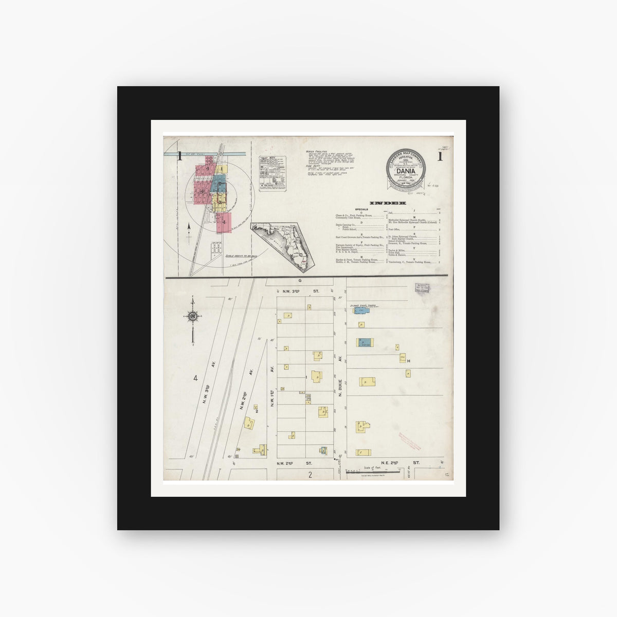 Old map wall art mockup — black gallery frame with white mat — Sanborn Fire Insurance Map from Dania, Broward County, Florida (1924) - Complete Map Set