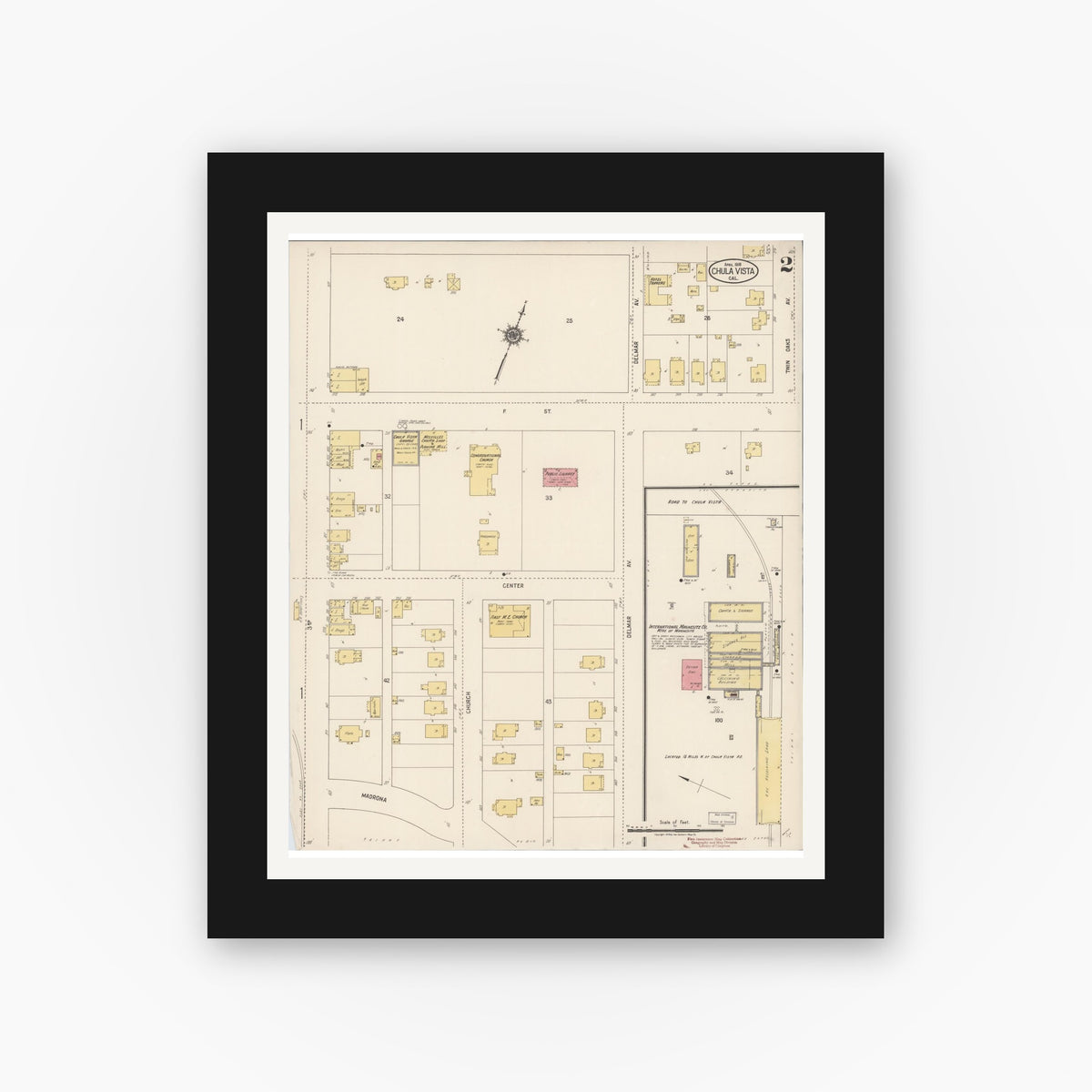Old map wall art mockup — black gallery frame with white mat — Sanborn Fire Insurance Map from Chula Vista, San Diego County, California (1918), Sheet #0002