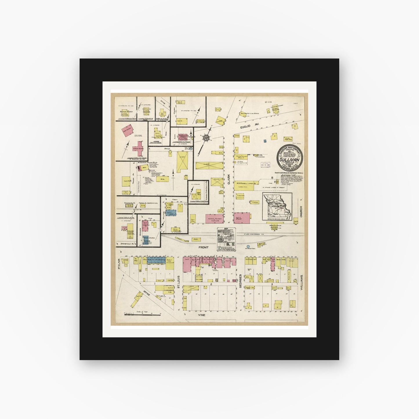 Old map wall art mockup — black gallery frame with white mat — Sanborn Fire Insurance Map from Sullivan, Franklin County, Missouri (1914), Sheet #0001