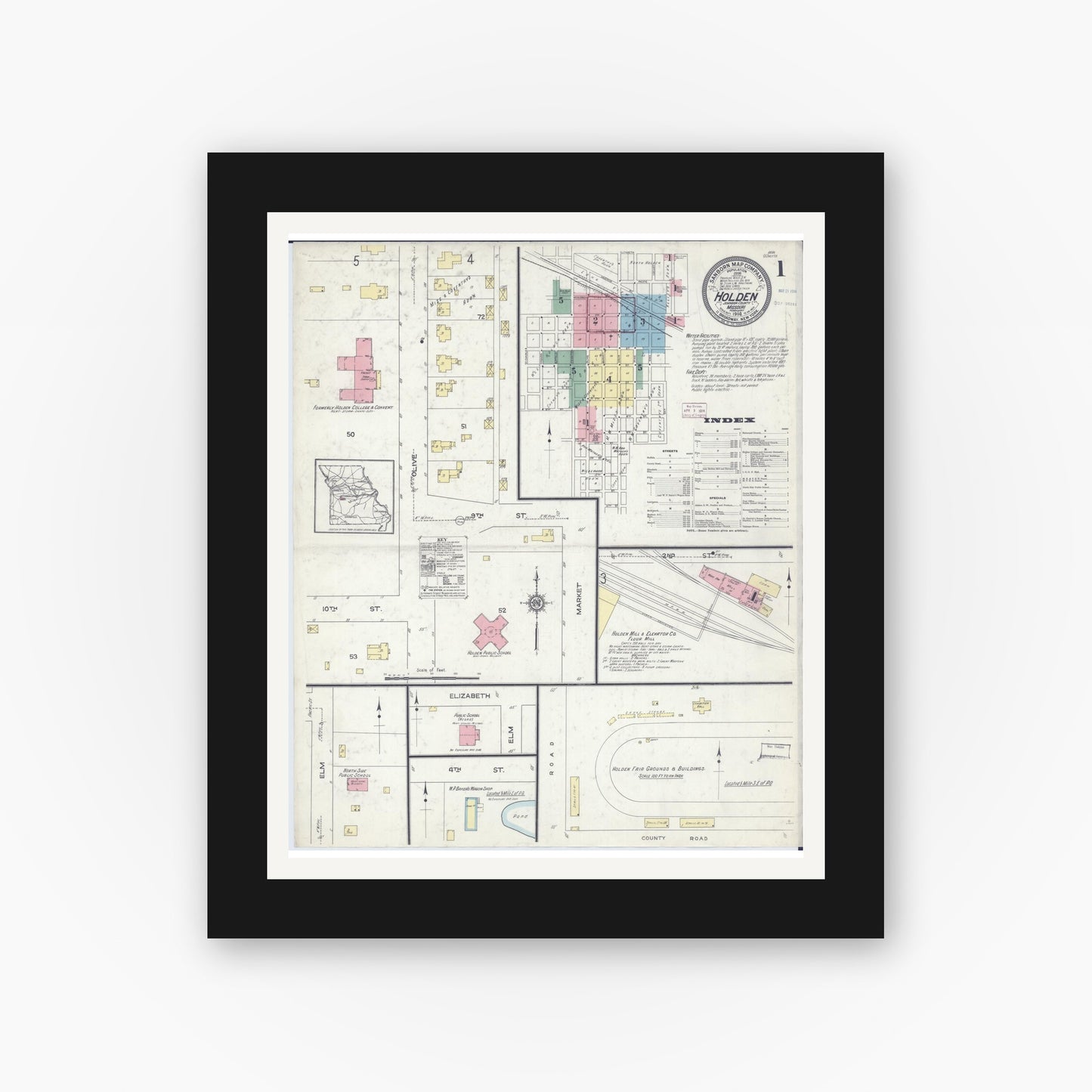Old map wall art mockup — black gallery frame with white mat — Sanborn Fire Insurance Map from Holden, Johnson County, Missouri (1914) - Complete Map Set