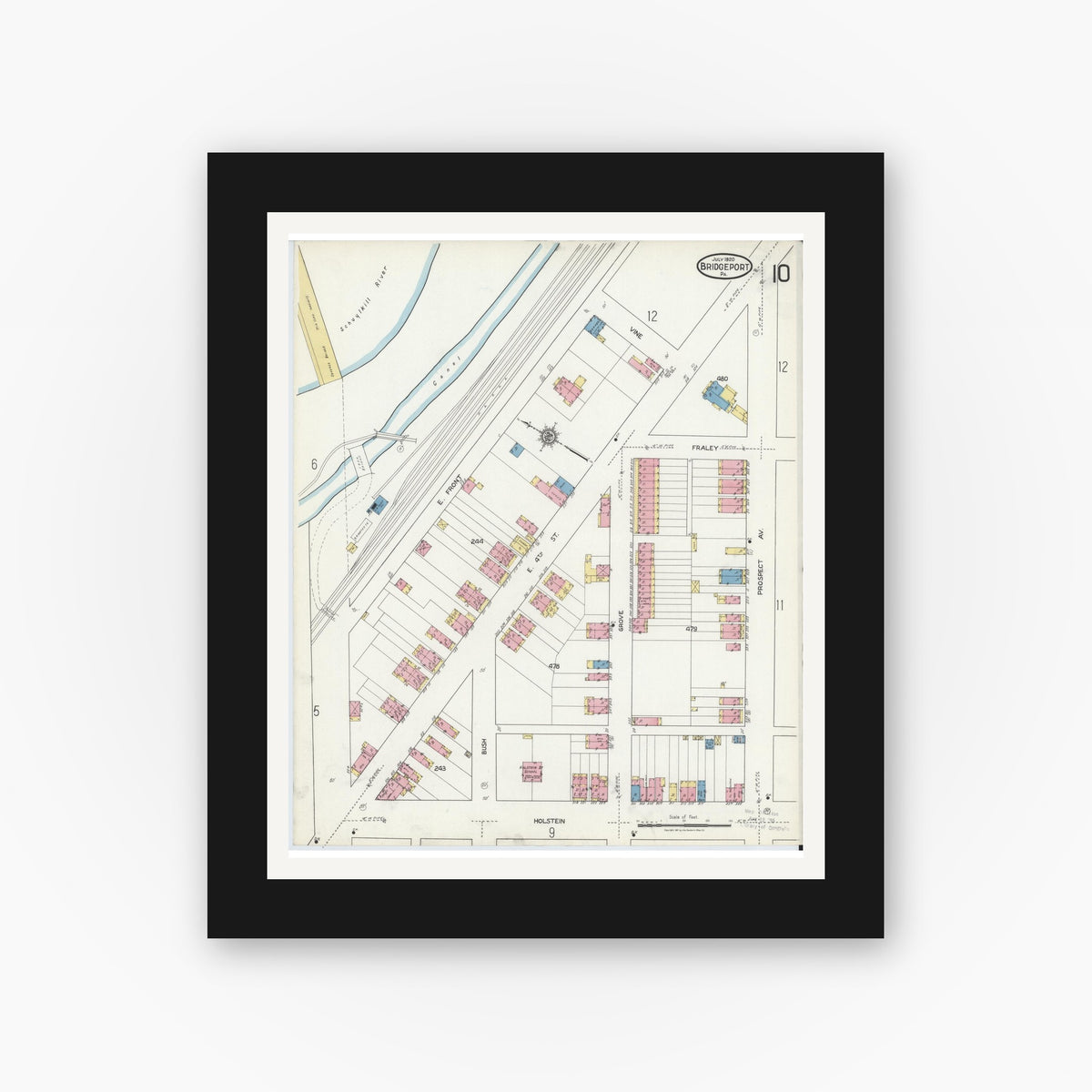 Old map wall art mockup — black gallery frame with white mat — Sanborn Fire Insurance Map from Bridgeport, Montgomery County, Pennsylvania (1920), Sheet #0010