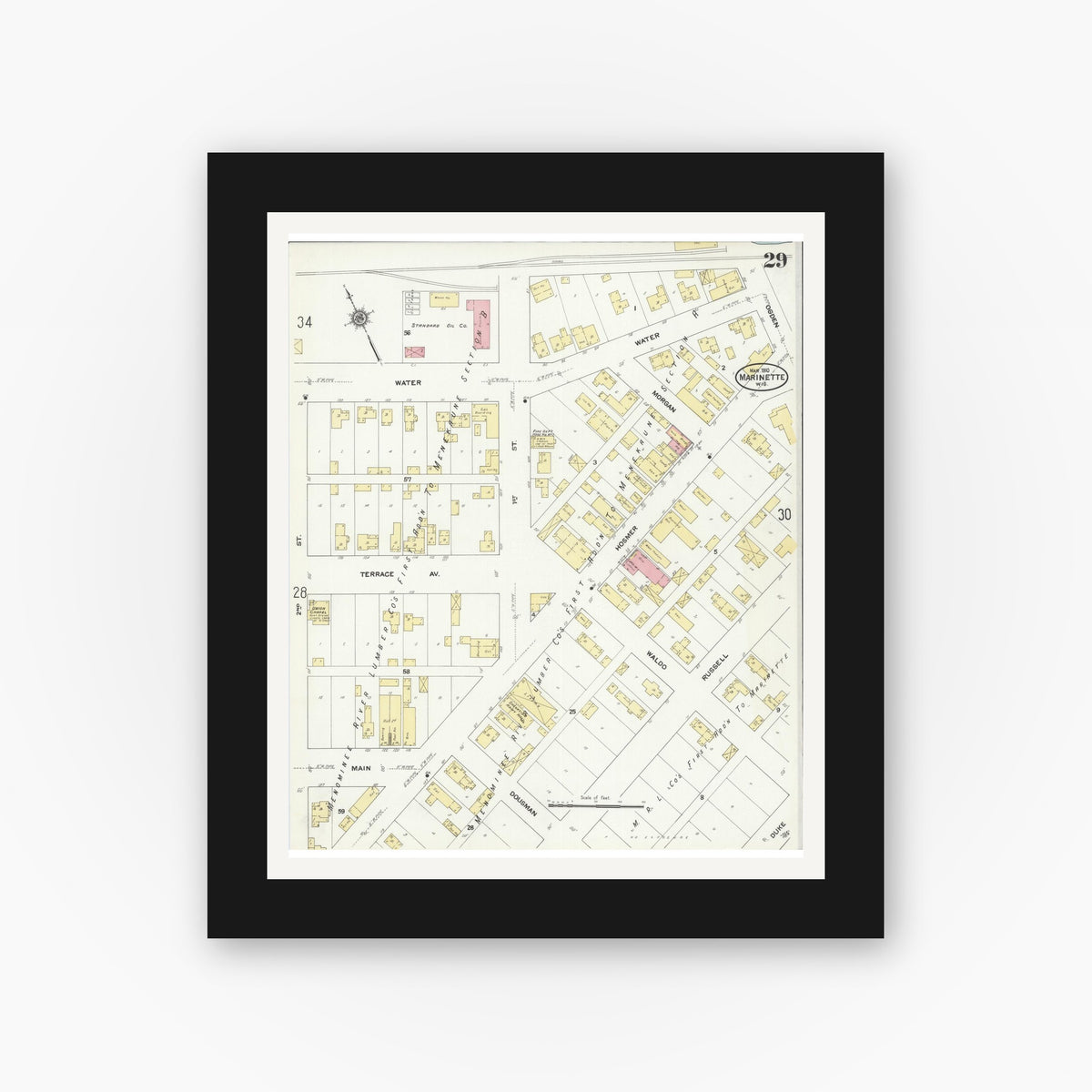Old map wall art mockup — black gallery frame with white mat — Sanborn Fire Insurance Map from Marinette, Marinette County, Wisconsin (1910), Sheet #0029
