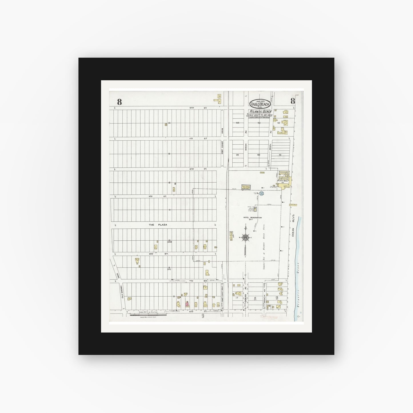 Old map wall art mockup — black gallery frame with white mat — Sanborn Fire Insurance Map from Pablo Beach, Duval County, Florida (1924), Sheet #0008