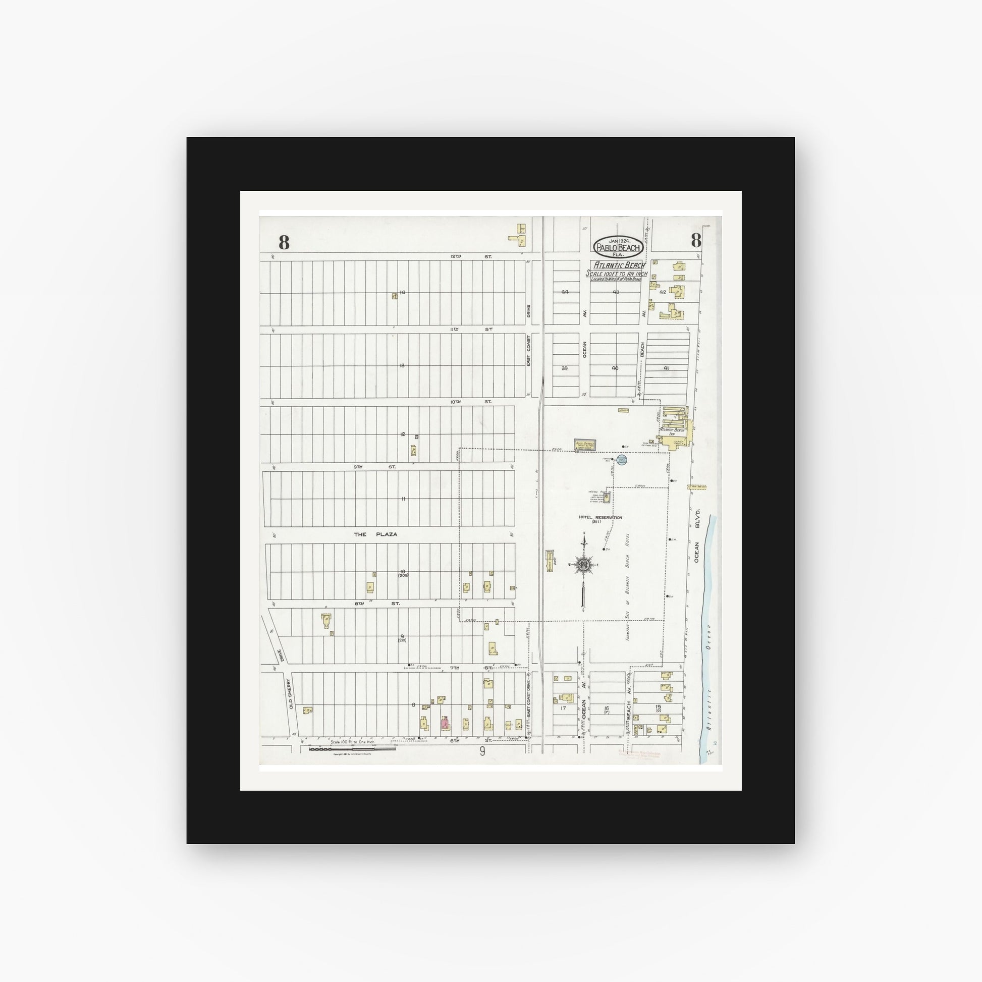Old map wall art mockup — black gallery frame with white mat — Sanborn Fire Insurance Map from Pablo Beach, Duval County, Florida (1924), Sheet #0008
