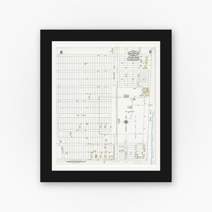Old map wall art mockup — black gallery frame with white mat — Sanborn Fire Insurance Map from Pablo Beach, Duval County, Florida (1924), Sheet #0008