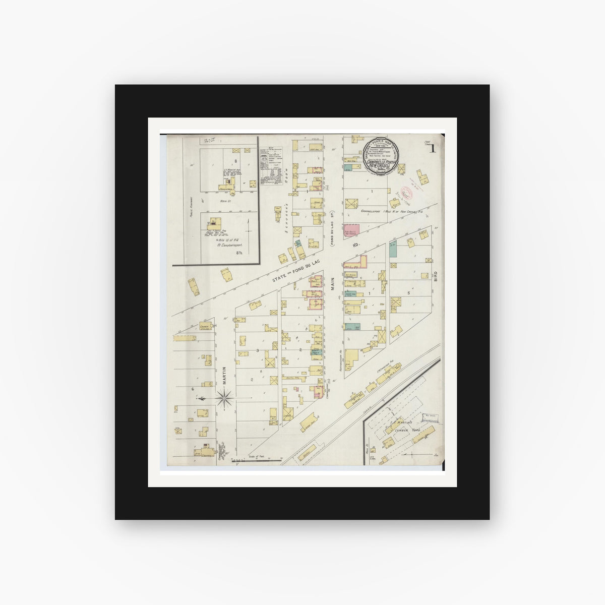 Old map wall art mockup — black gallery frame with white mat — Sanborn Fire Insurance Map from Campbellsport, Fond du Lac County, Wisconsin (1894), Sheet #0001