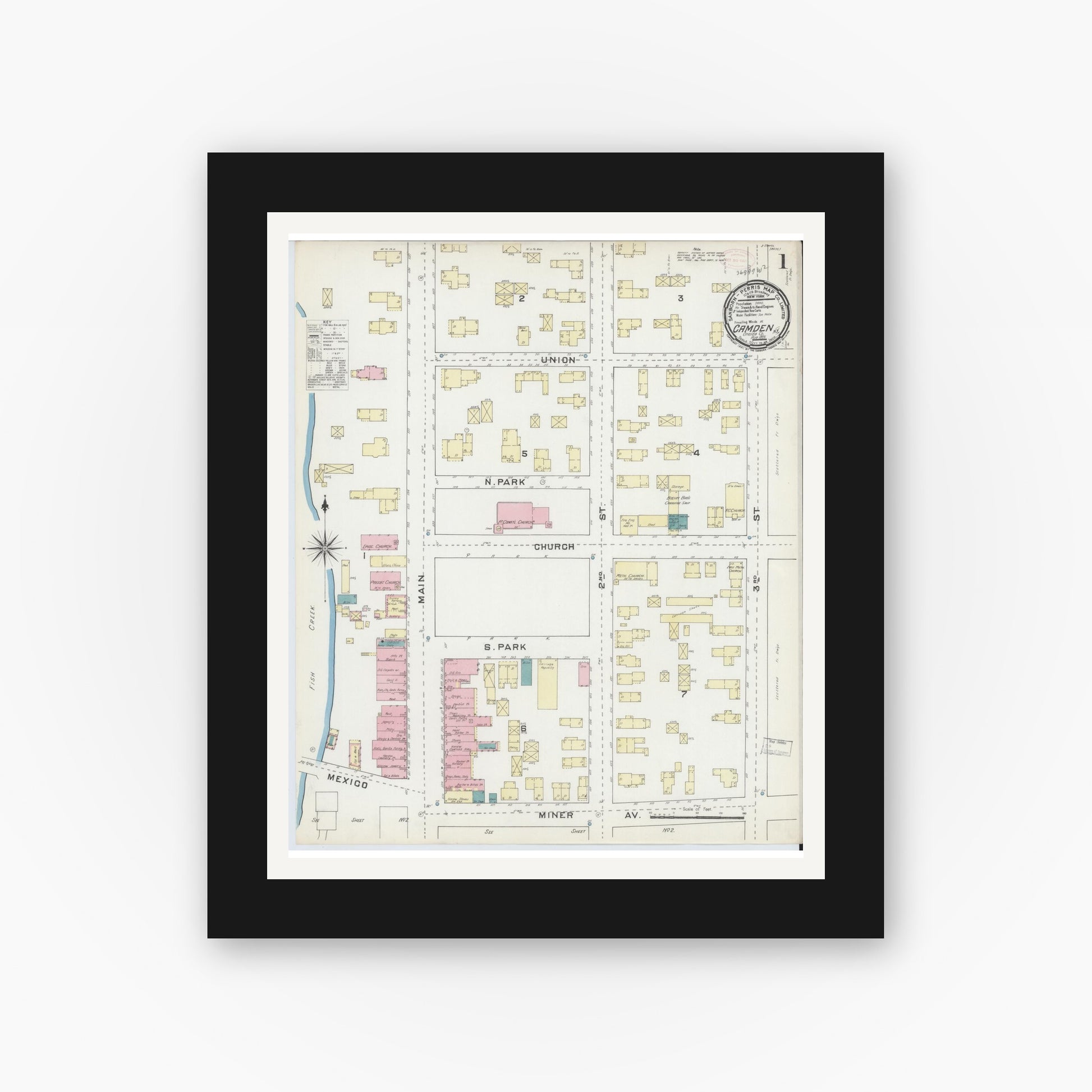 Old map wall art mockup — black gallery frame with white mat — Sanborn Fire Insurance Map from Camden, Oneida County, New York (1891) - Complete Map Set
