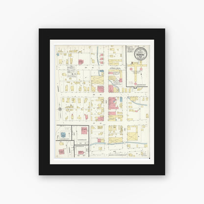 Old map wall art mockup — black gallery frame with white mat — Sanborn Fire Insurance Map from Roanoke, Huntington County, Indiana (1912), Sheet #0001