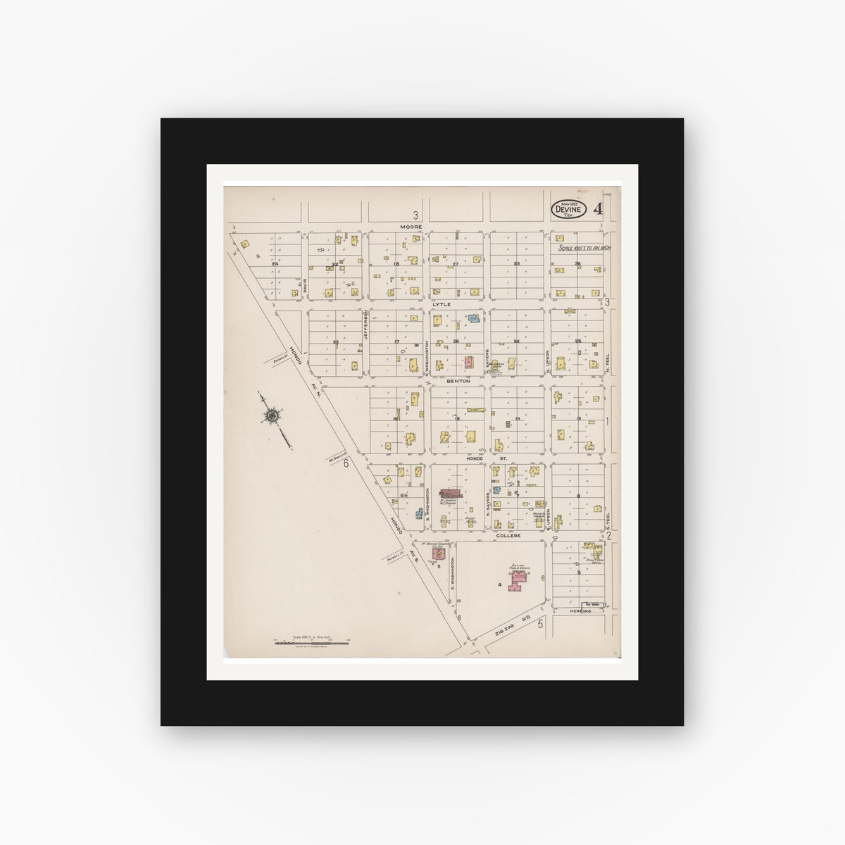 Old map wall art mockup — black gallery frame with white mat — Sanborn Fire Insurance Map from Devine, Medina County, Texas (1922), Sheet #0004