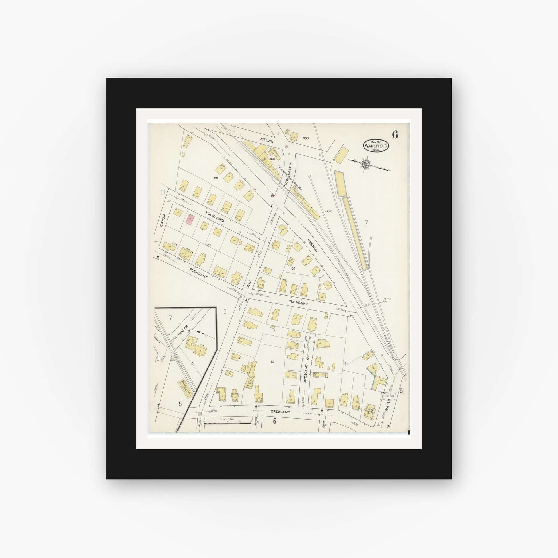 Old map wall art mockup — black gallery frame with white mat — Sanborn Fire Insurance Map from Wakefield, Middlesex County, Massachusetts (1915), Sheet #0006