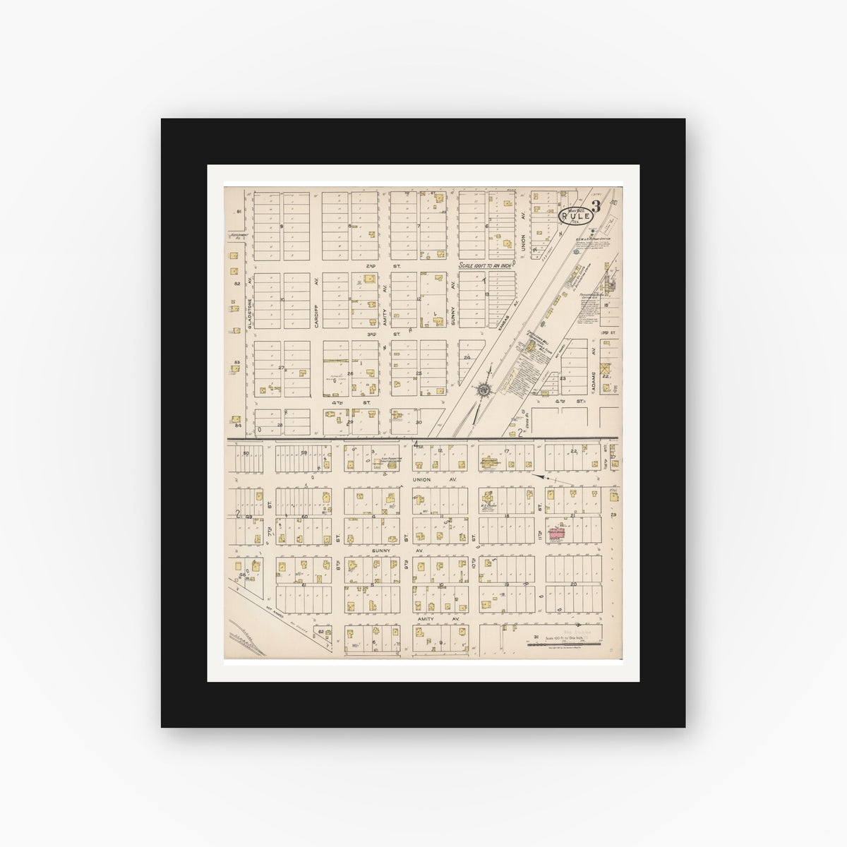 Old map wall art mockup — black gallery frame with white mat — Sanborn Fire Insurance Map from Rule, Haskell County, Texas (1922), Sheet #0003