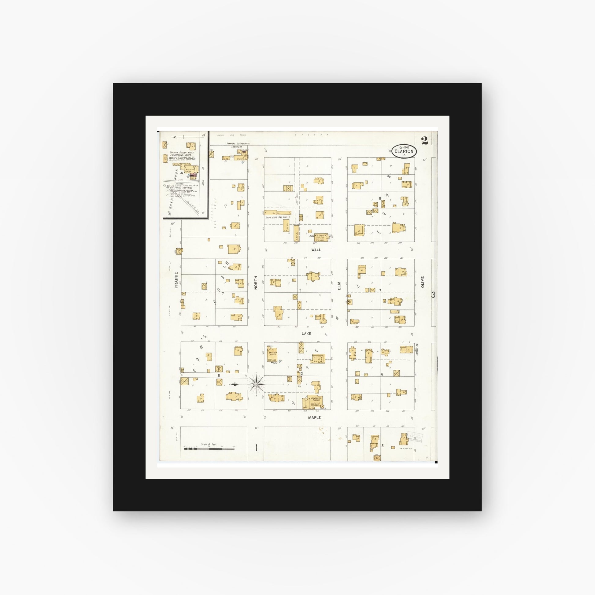 Old map wall art mockup — black gallery frame with white mat — Sanborn Fire Insurance Map from Clarion, Wright County, Iowa (1900), Sheet #0002
