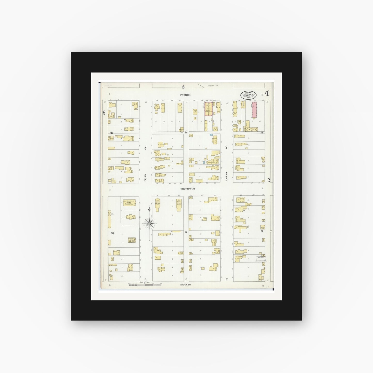 Old map wall art mockup — black gallery frame with white mat — Sanborn Fire Insurance Map from Peshtigo, Marinette County, Wisconsin (1904), Sheet #0004