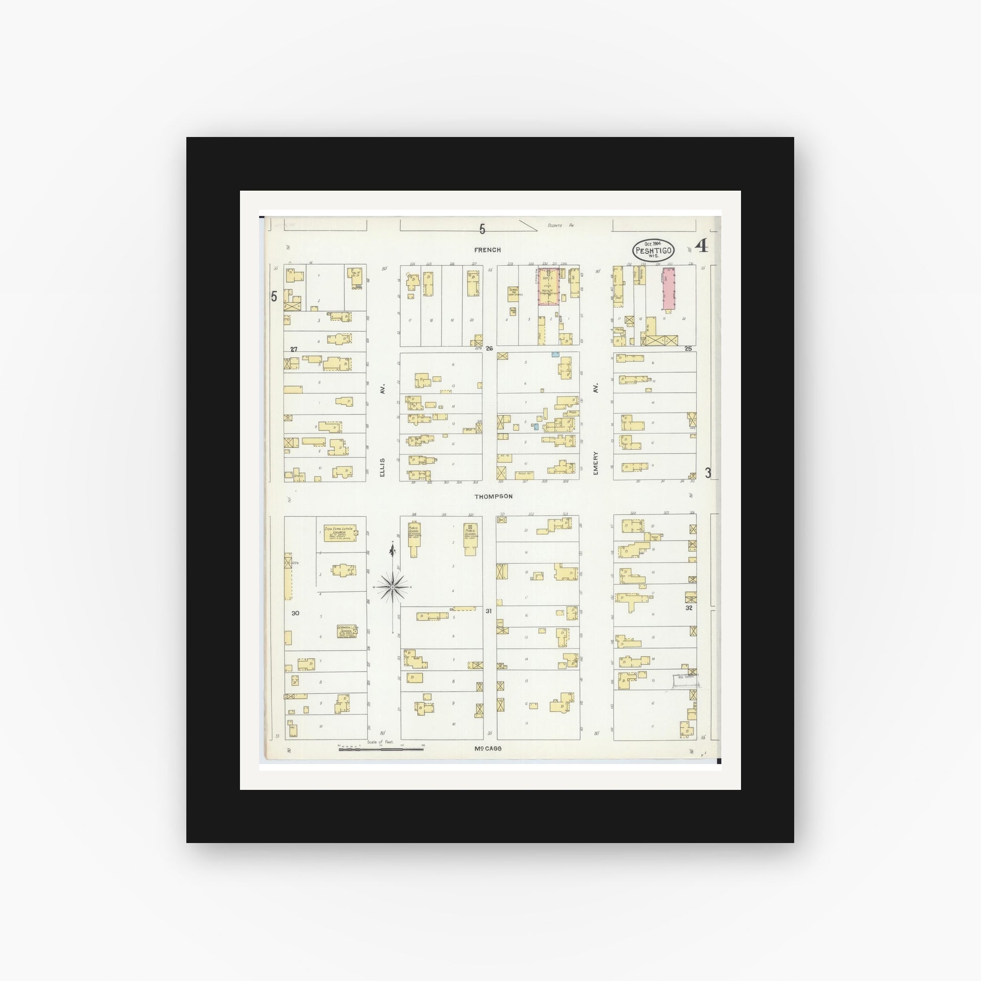 Old map wall art mockup — black gallery frame with white mat — Sanborn Fire Insurance Map from Peshtigo, Marinette County, Wisconsin (1904), Sheet #0004