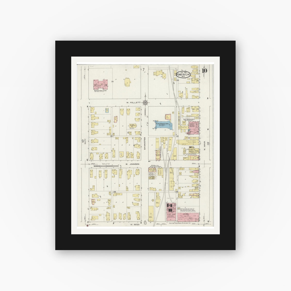 Old map wall art mockup — black gallery frame with white mat — Sanborn Fire Insurance Map from Fond du Lac, Fond du Lac County, Wisconsin (1915), Sheet #0010