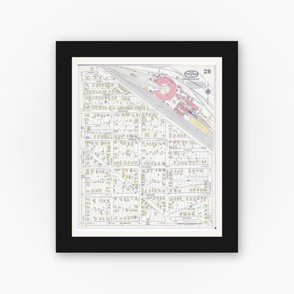 Old map wall art mockup — black gallery frame with white mat — Sanborn Fire Insurance Map from Freeport, Stephenson County, Illinois (1918), Sheet #0028