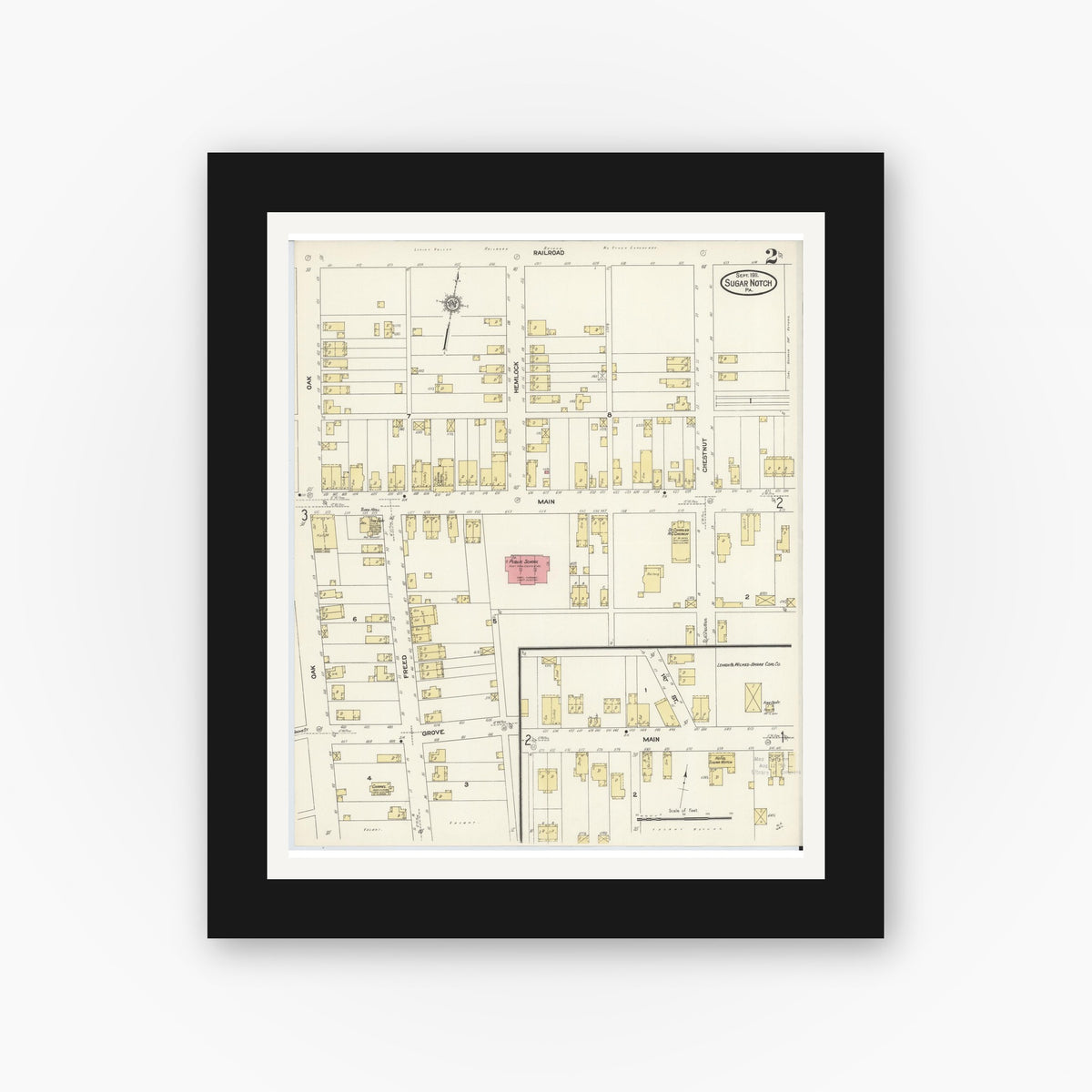 Old map wall art mockup — black gallery frame with white mat — Sanborn Fire Insurance Map from Sugar Notch, Luzerne County, Pennsylvania (1911), Sheet #0002