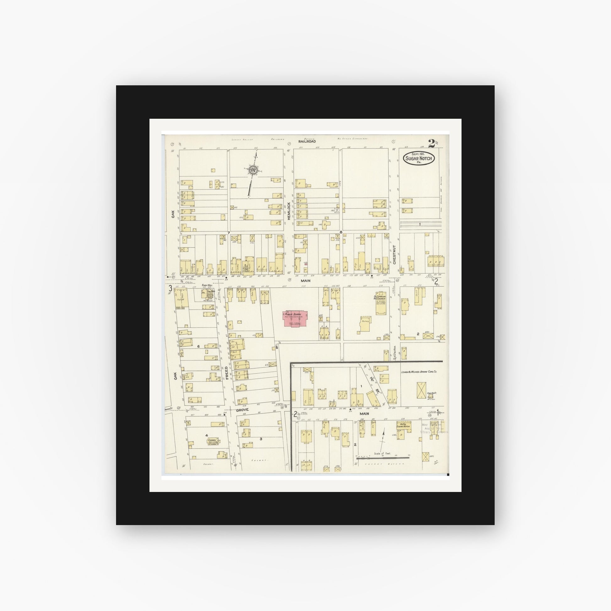 Old map wall art mockup — black gallery frame with white mat — Sanborn Fire Insurance Map from Sugar Notch, Luzerne County, Pennsylvania (1911), Sheet #0002
