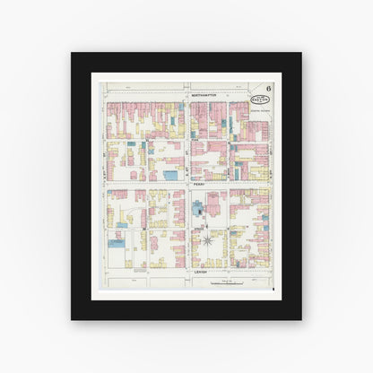 Old map wall art mockup — black gallery frame with white mat — Sanborn Fire Insurance Map from Easton, Northampton County, Pennsylvania (1892), Sheet #0006