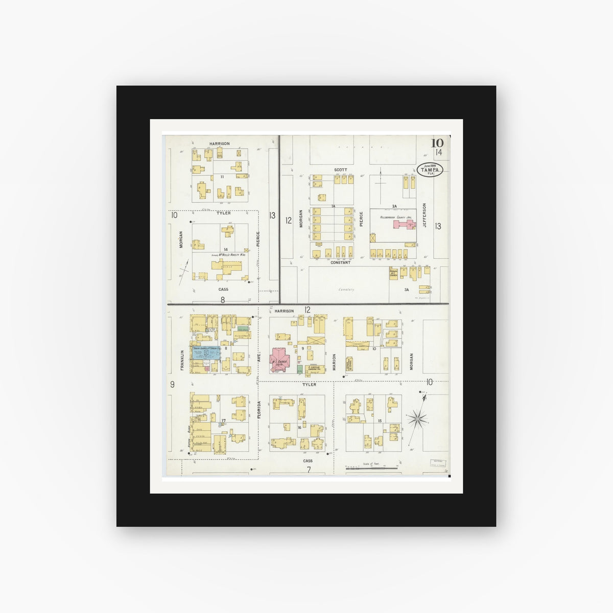 Old map wall art mockup — black gallery frame with white mat — Sanborn Fire Insurance Map from Tampa, Hillsborough County, Florida (1899), Sheet #0010