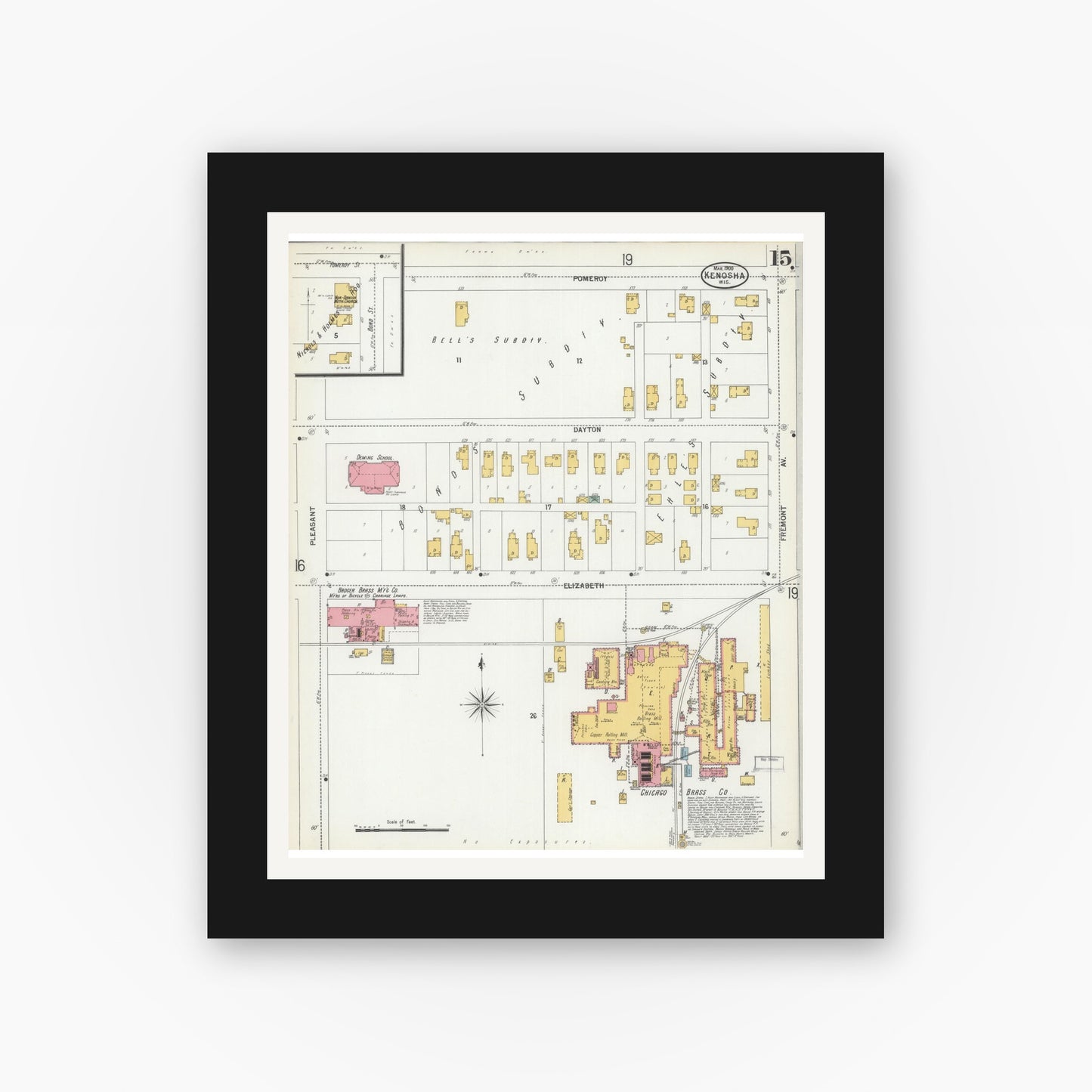 Old map wall art mockup — black gallery frame with white mat — Sanborn Fire Insurance Map from Kenosha, Kenosha County, Wisconsin (1900), Sheet #0015