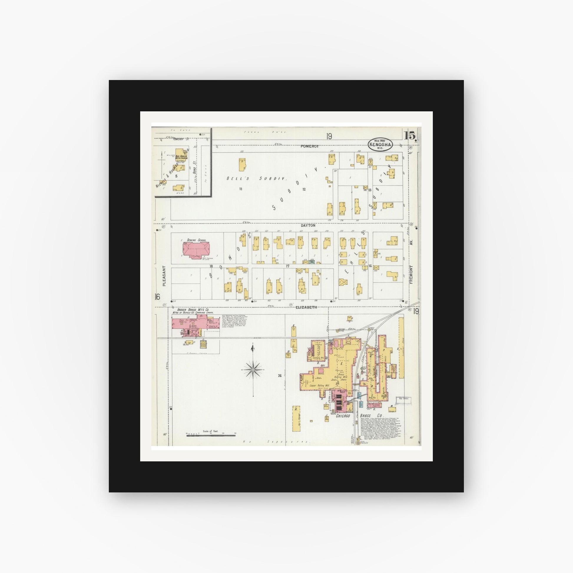 Old map wall art mockup — black gallery frame with white mat — Sanborn Fire Insurance Map from Kenosha, Kenosha County, Wisconsin (1900), Sheet #0015