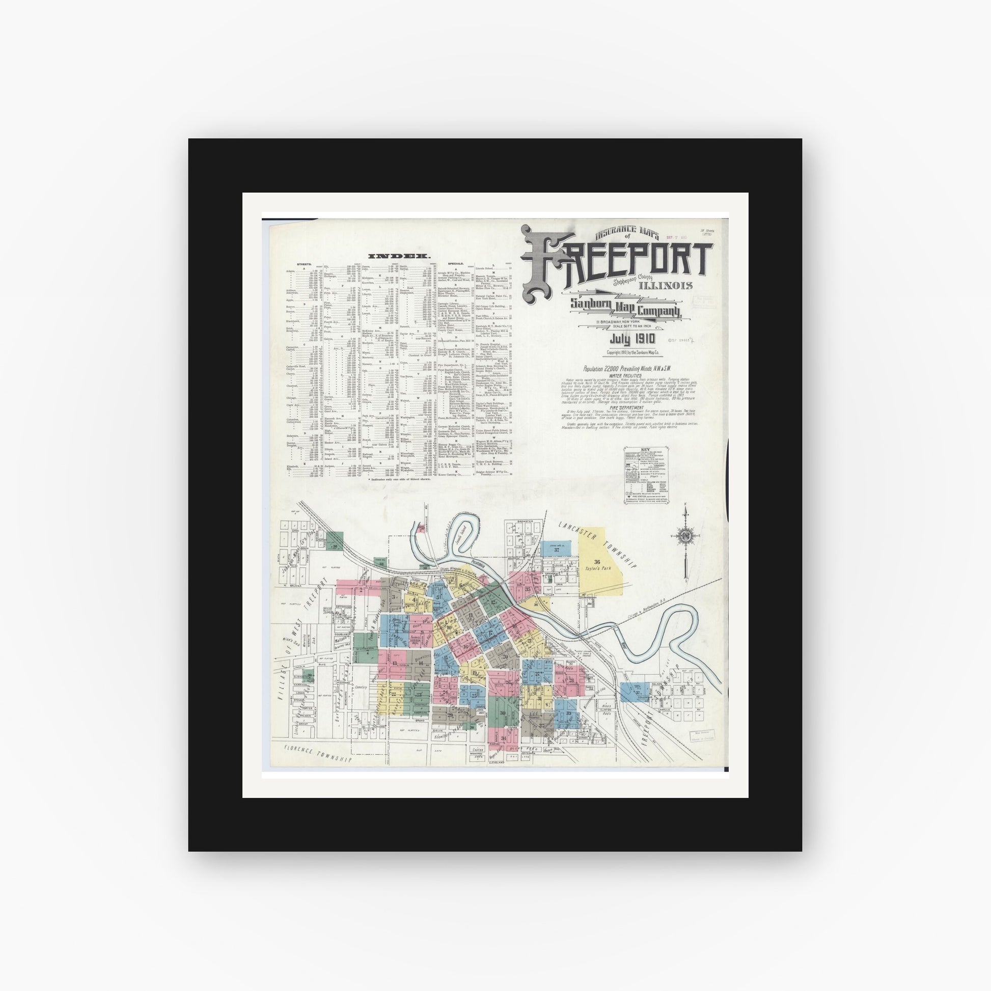 Old map wall art mockup — black gallery frame with white mat — Sanborn Fire Insurance Map from Freeport, Stephenson County, Illinois (1910) - Complete Map Set