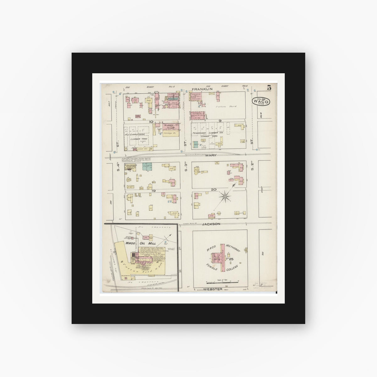 Old map wall art mockup — black gallery frame with white mat — Sanborn Fire Insurance Map from Waco, McLennan County, Texas (1885), Sheet #0005