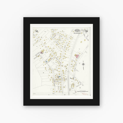 Old map wall art mockup — black gallery frame with white mat — Sanborn Fire Insurance Map from Needham, Norfolk County, Massachusetts (1926), Sheet #0016
