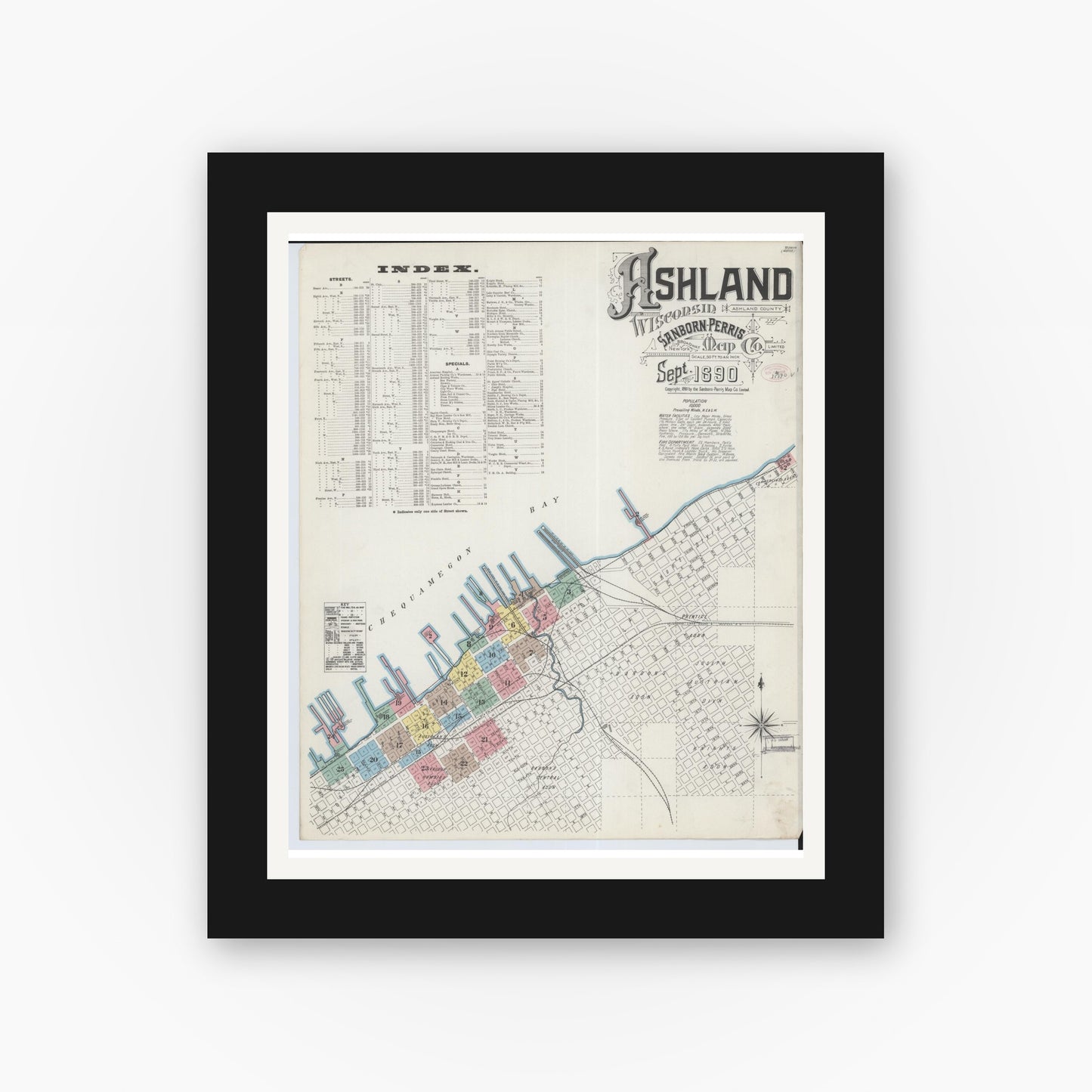 Old map wall art mockup — black gallery frame with white mat — Sanborn Fire Insurance Map from Ashland, Ashland County, Wisconsin (1890) - Complete Map Set