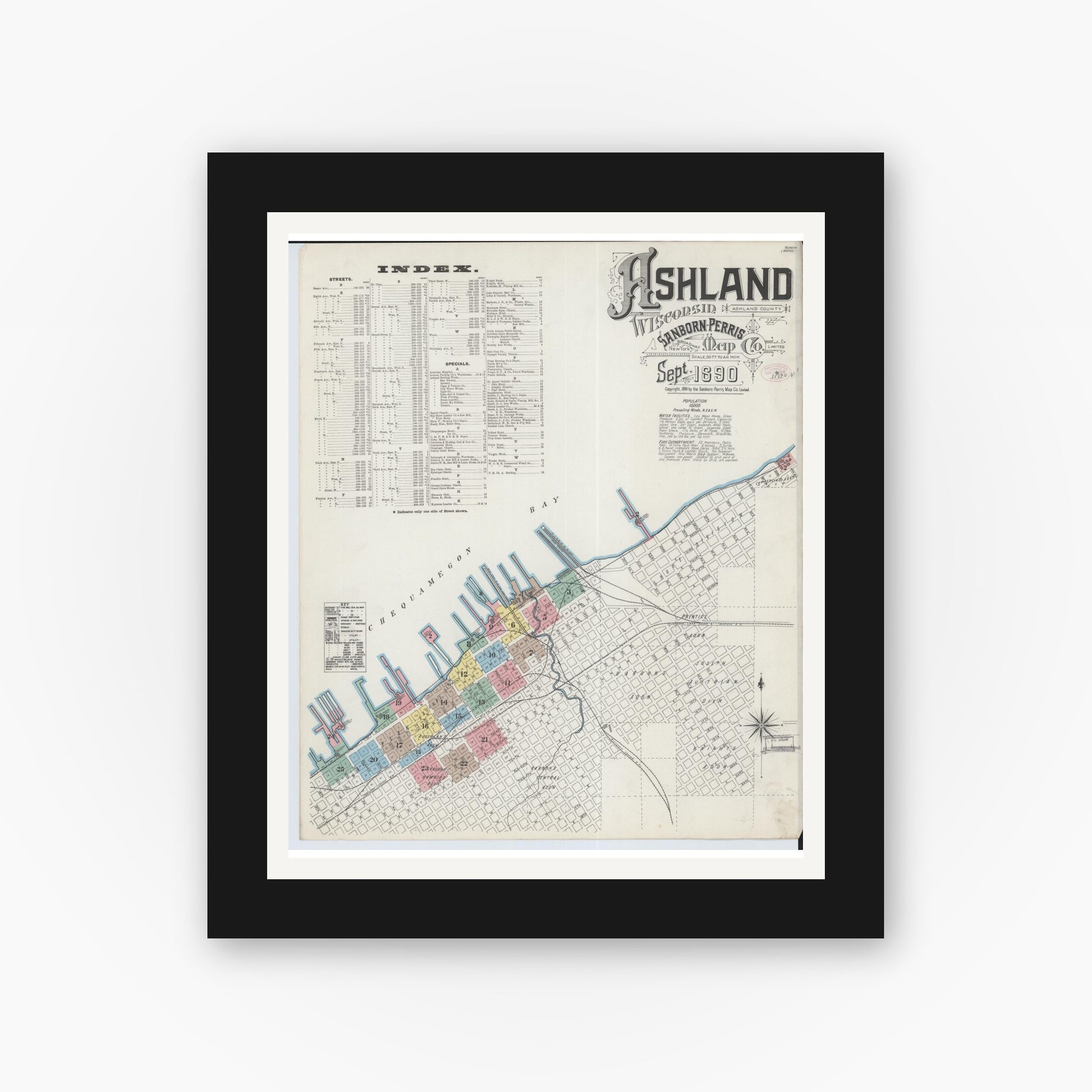 Old map wall art mockup — black gallery frame with white mat — Sanborn Fire Insurance Map from Ashland, Ashland County, Wisconsin (1890) - Complete Map Set