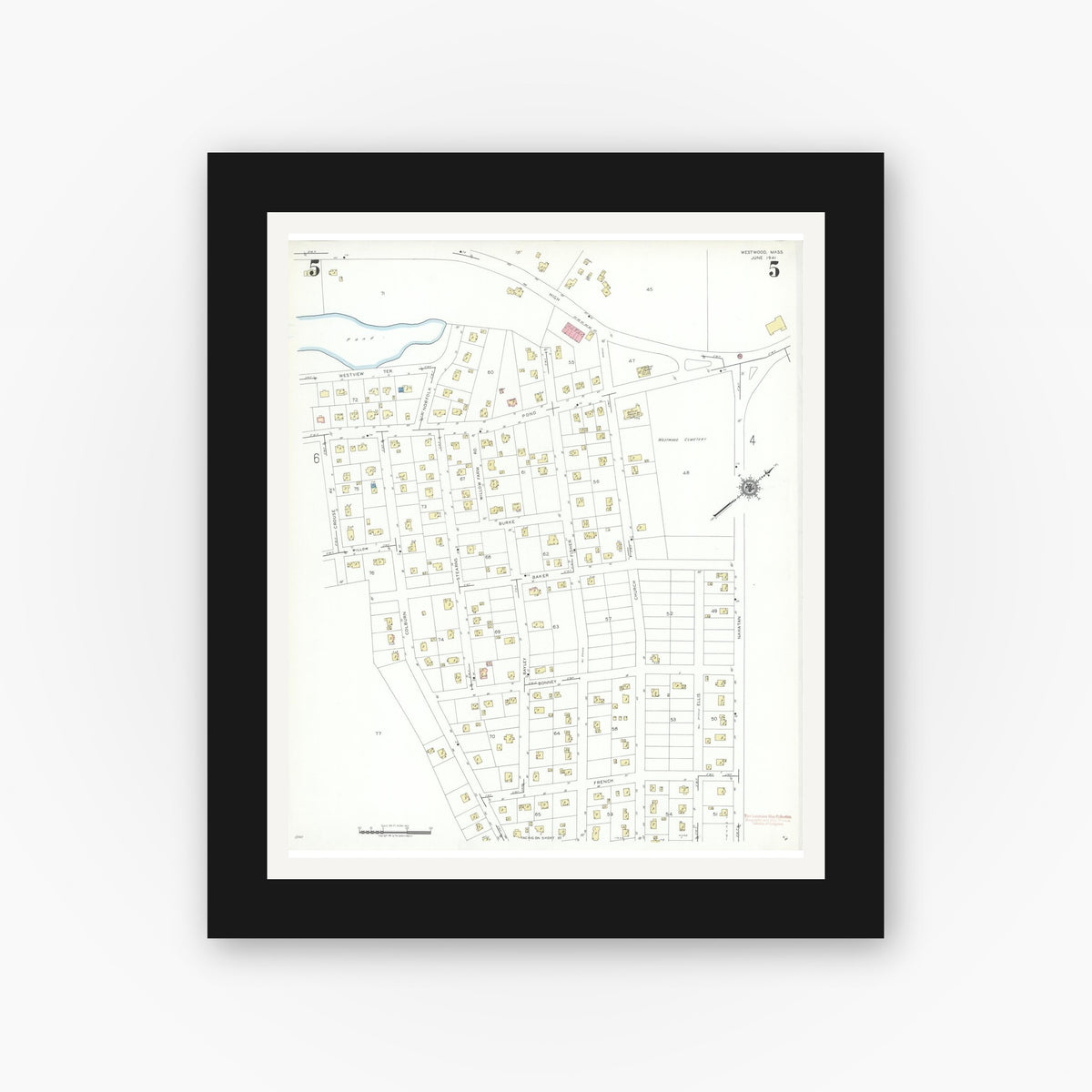 Old map wall art mockup — black gallery frame with white mat — Sanborn Fire Insurance Map from Westwood, Norfolk County, Massachusetts (1941), Sheet #0005