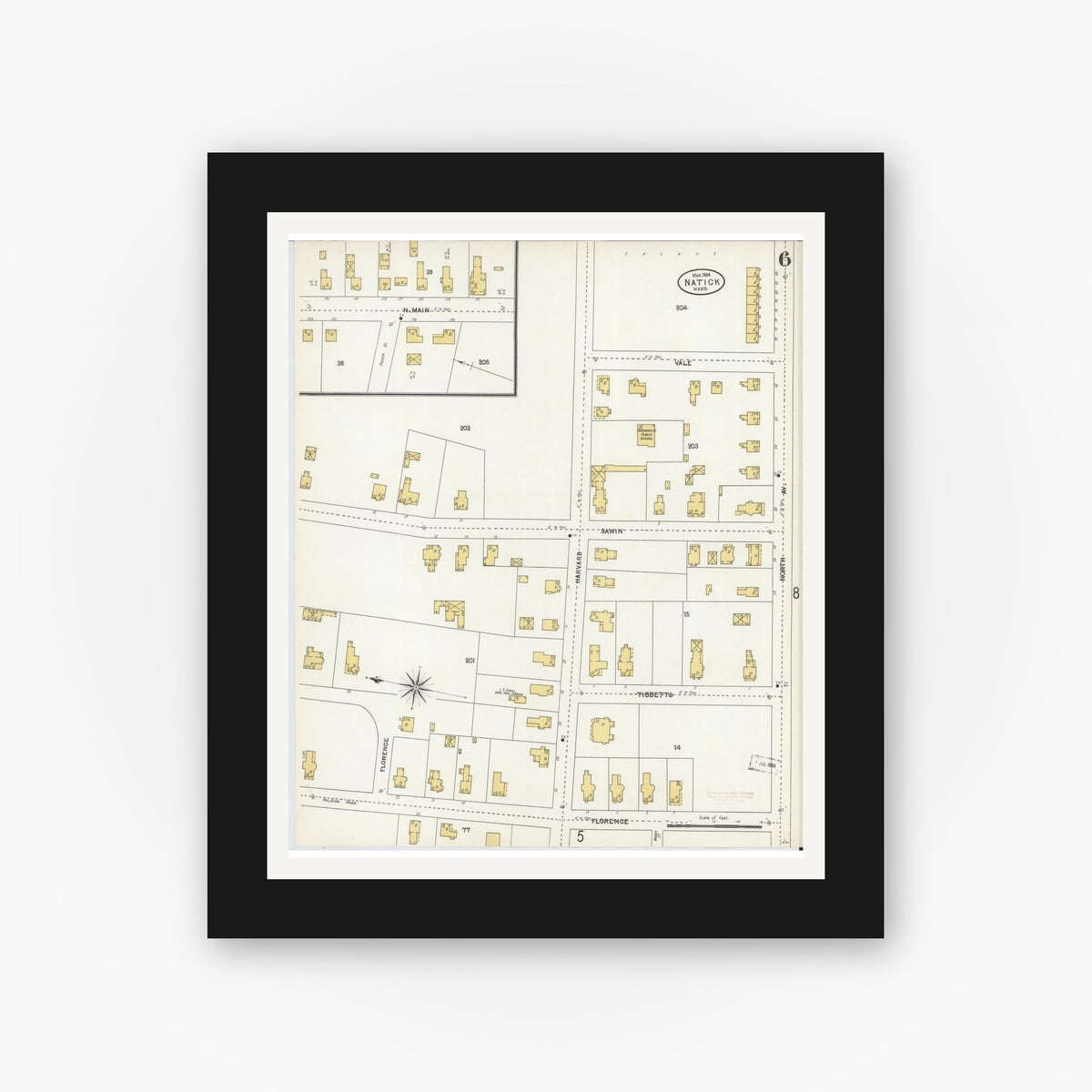 Old map wall art mockup — black gallery frame with white mat — Sanborn Fire Insurance Map from Natick, Middlesex County, Massachusetts (1904), Sheet #0006