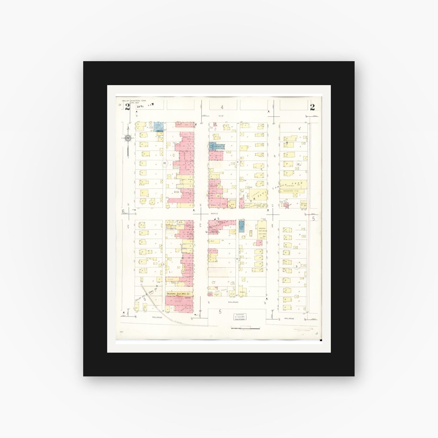 Old map wall art mockup — black gallery frame with white mat — Sanborn Fire Insurance Map from Valley Junction, Polk County, Iowa (1941), Sheet #0002