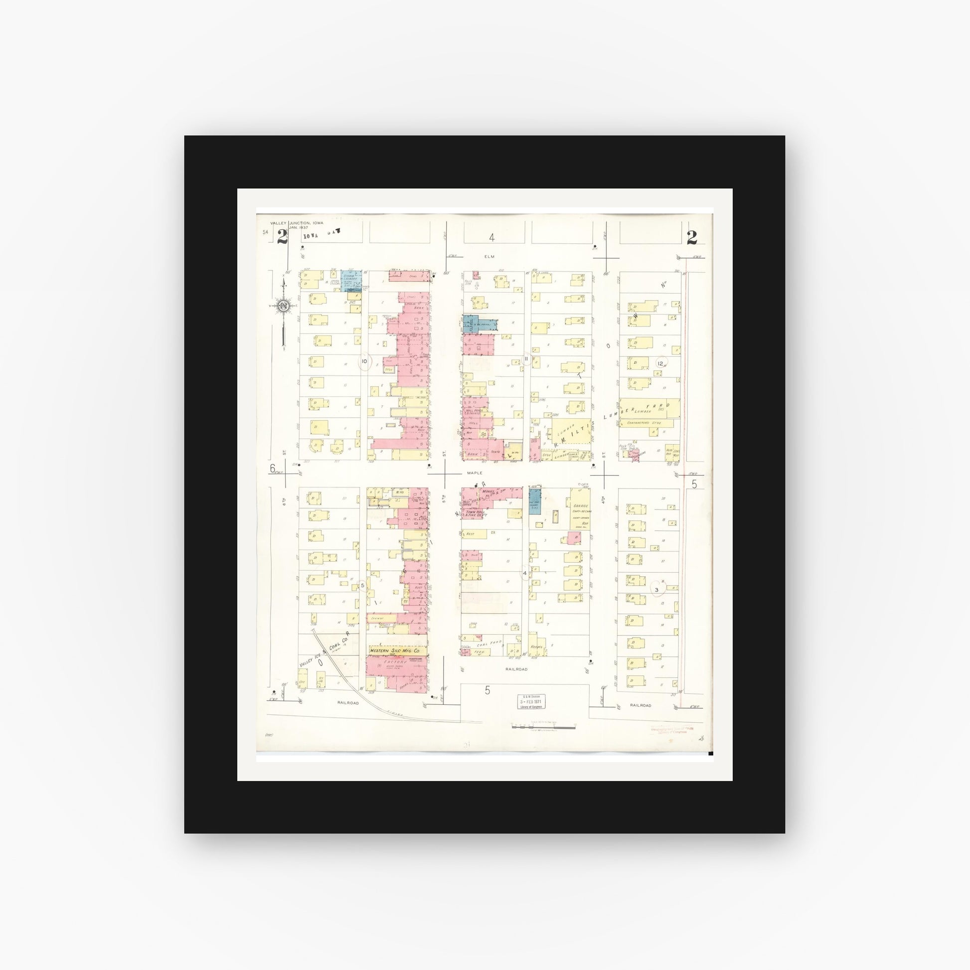 Old map wall art mockup — black gallery frame with white mat — Sanborn Fire Insurance Map from Valley Junction, Polk County, Iowa (1941), Sheet #0002