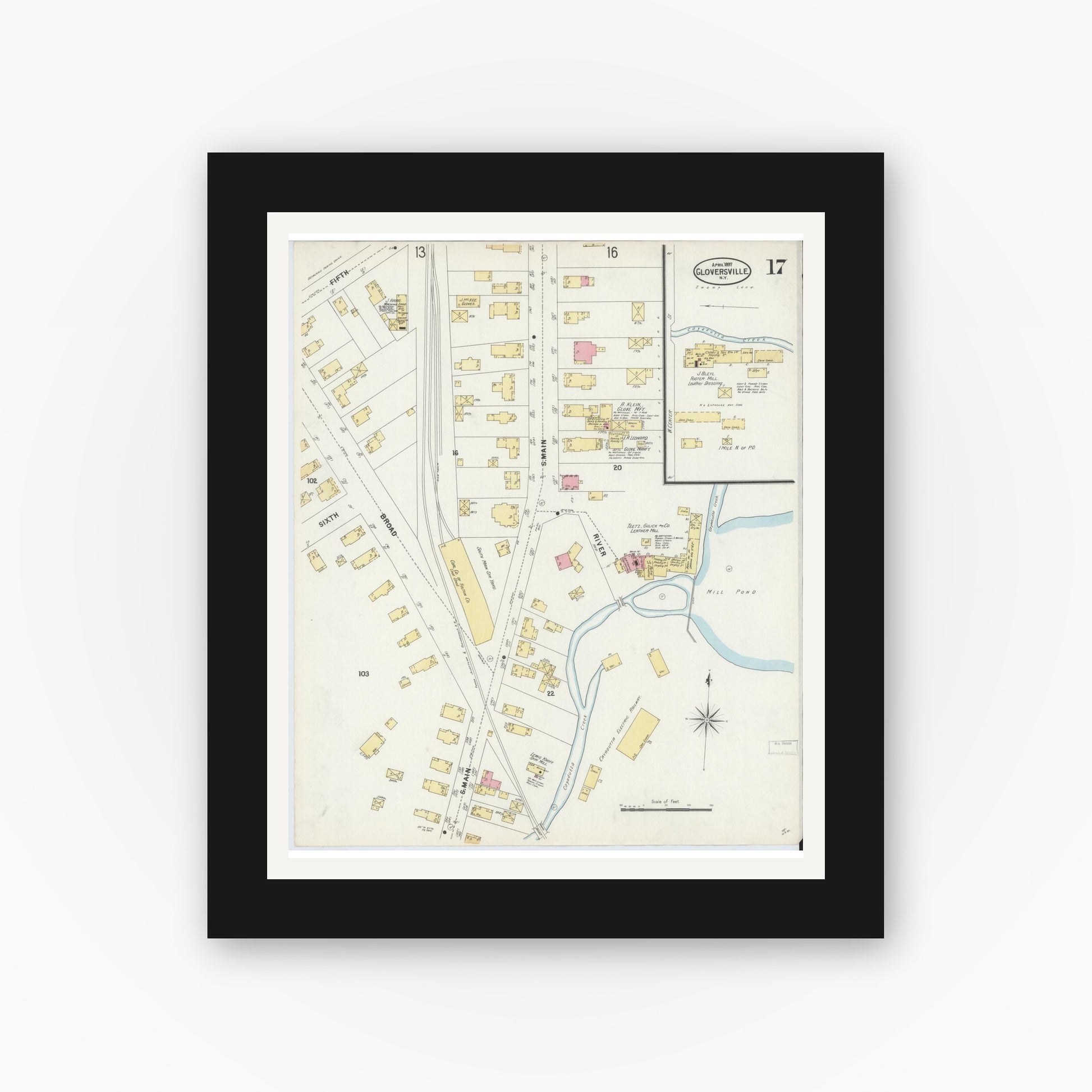 Old map wall art mockup — black gallery frame with white mat — Sanborn Fire Insurance Map from Gloversville, Fulton County, New York (1897), Sheet #0017