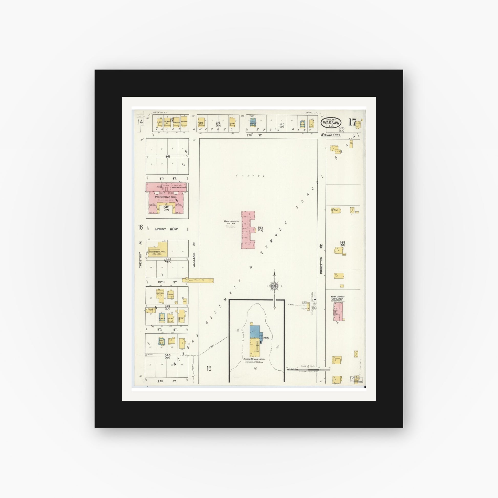Old map wall art mockup — black gallery frame with white mat — Sanborn Fire Insurance Map from Warsaw, Kosciusko County, Indiana (1917), Sheet #0017