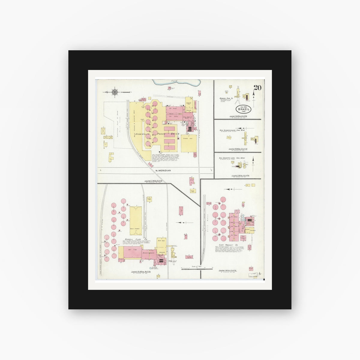 Old map wall art mockup — black gallery frame with white mat — Sanborn Fire Insurance Map from Brazil, Clay County, Indiana (1910), Sheet #0020