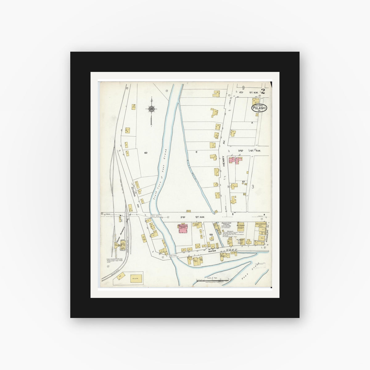 Old map wall art mockup — black gallery frame with white mat — Sanborn Fire Insurance Map from Pulaski, Pulaski County, Virginia (1920), Sheet #0002