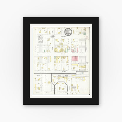 Old map wall art mockup — black gallery frame with white mat — Sanborn Fire Insurance Map from Sheffield, Franklin County, Iowa (1896), Sheet #0001