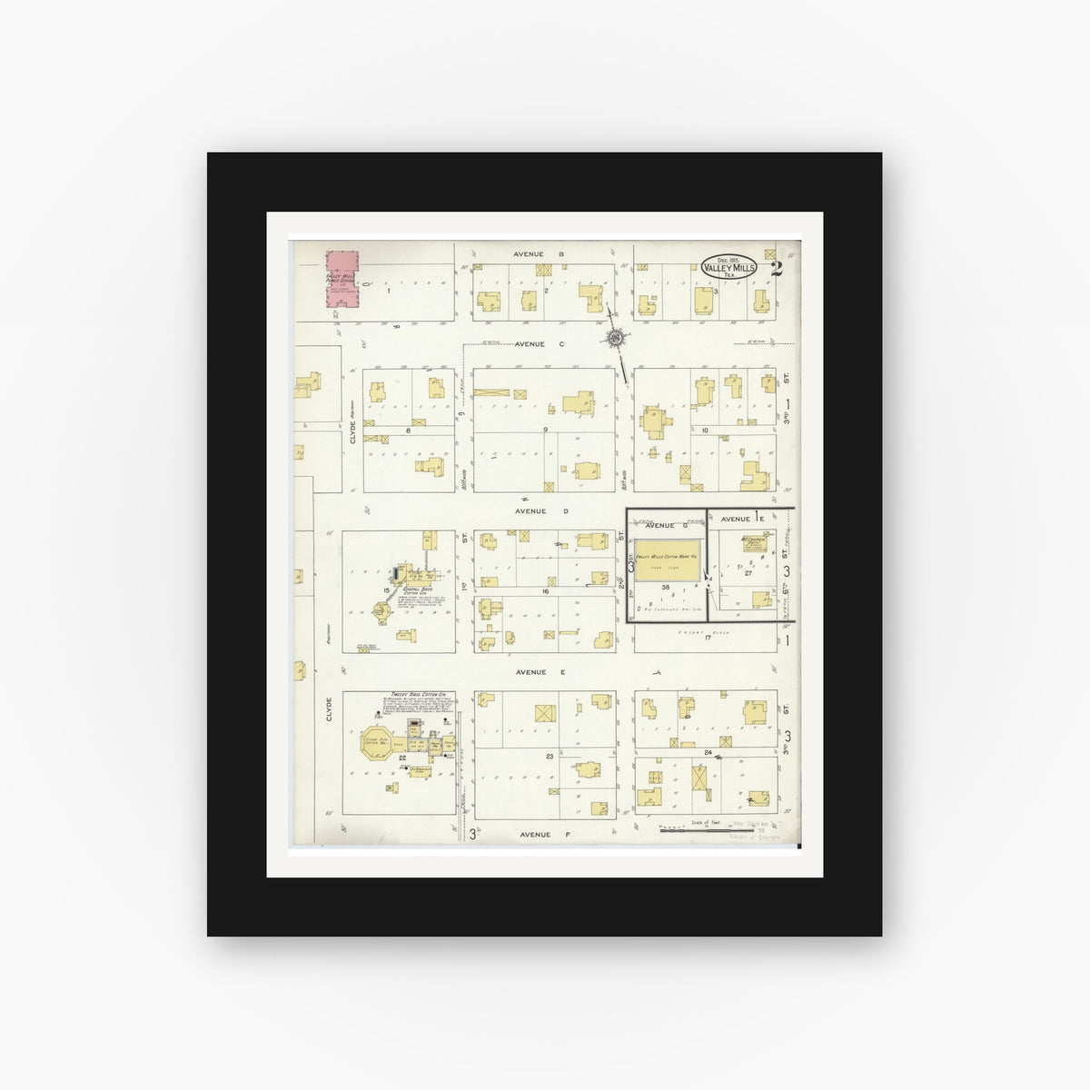Old map wall art mockup — black gallery frame with white mat — Sanborn Fire Insurance Map from Valley Mills, Bosque County, Texas (1915), Sheet #0002