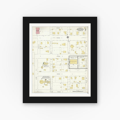 Old map wall art mockup — black gallery frame with white mat — Sanborn Fire Insurance Map from Valley Mills, Bosque County, Texas (1915), Sheet #0002