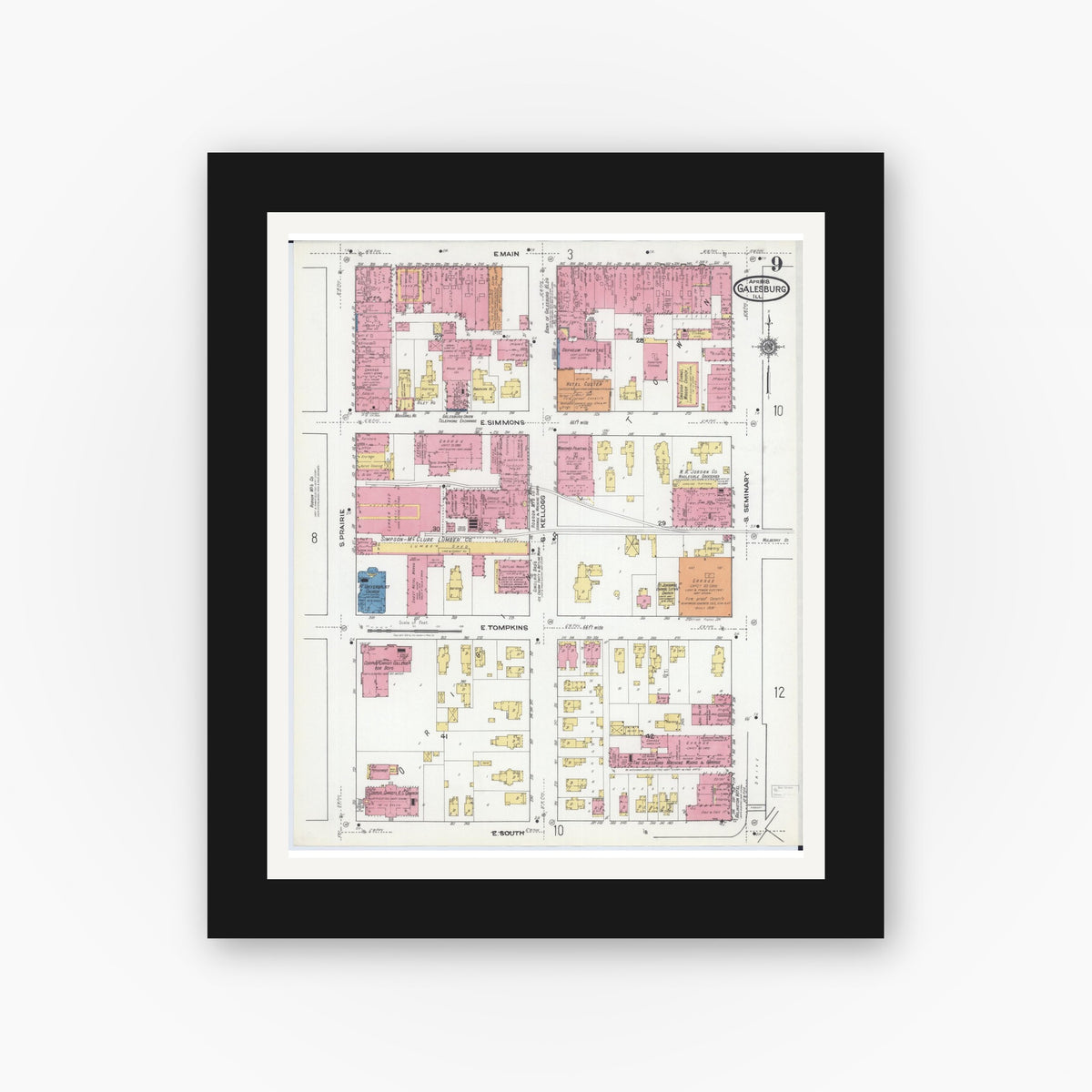 Old map wall art mockup — black gallery frame with white mat — Sanborn Fire Insurance Map from Galesburg, Knox County, Illinois (1918), Sheet #0009