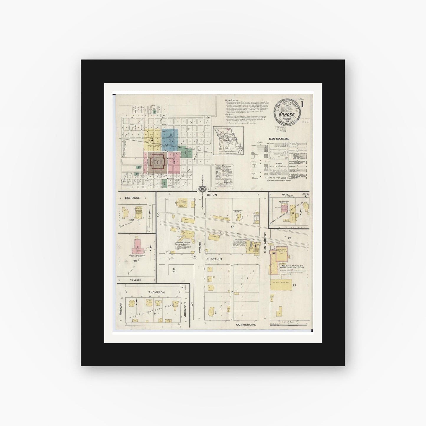 Old map wall art mockup — black gallery frame with white mat — Sanborn Fire Insurance Map from Kahoka, Clark County, Missouri (1916) - Complete Map Set